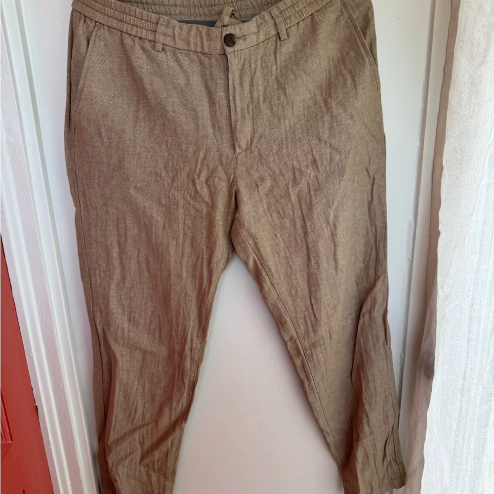 Men's Khaki Casual Linen-Blend Pants